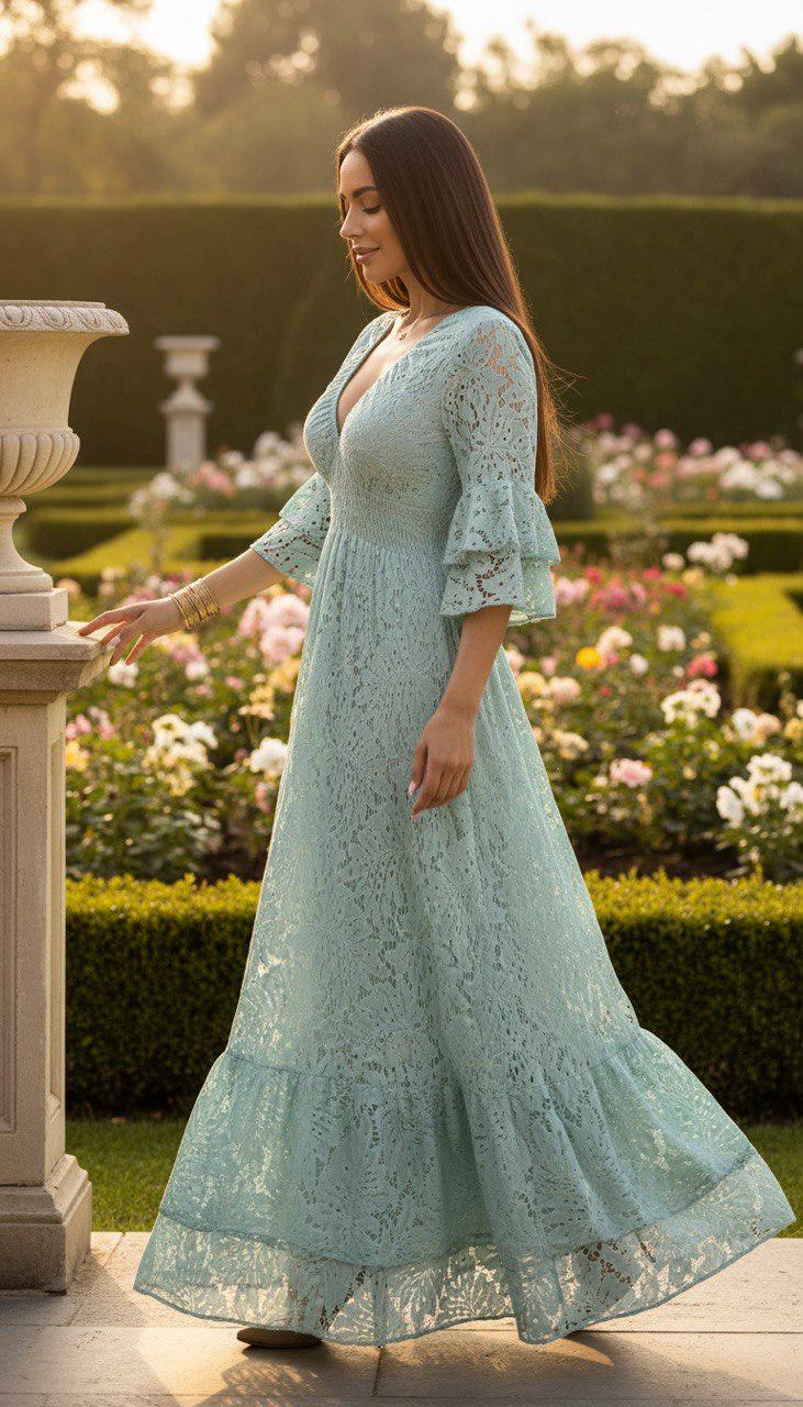 Mint Green Boho Lace Maxi Dress, Cottagecore Dress, V Neck Bell Sleeve Dress, Romantic Wedding Guest Dress, Bohemian Summer Gown.