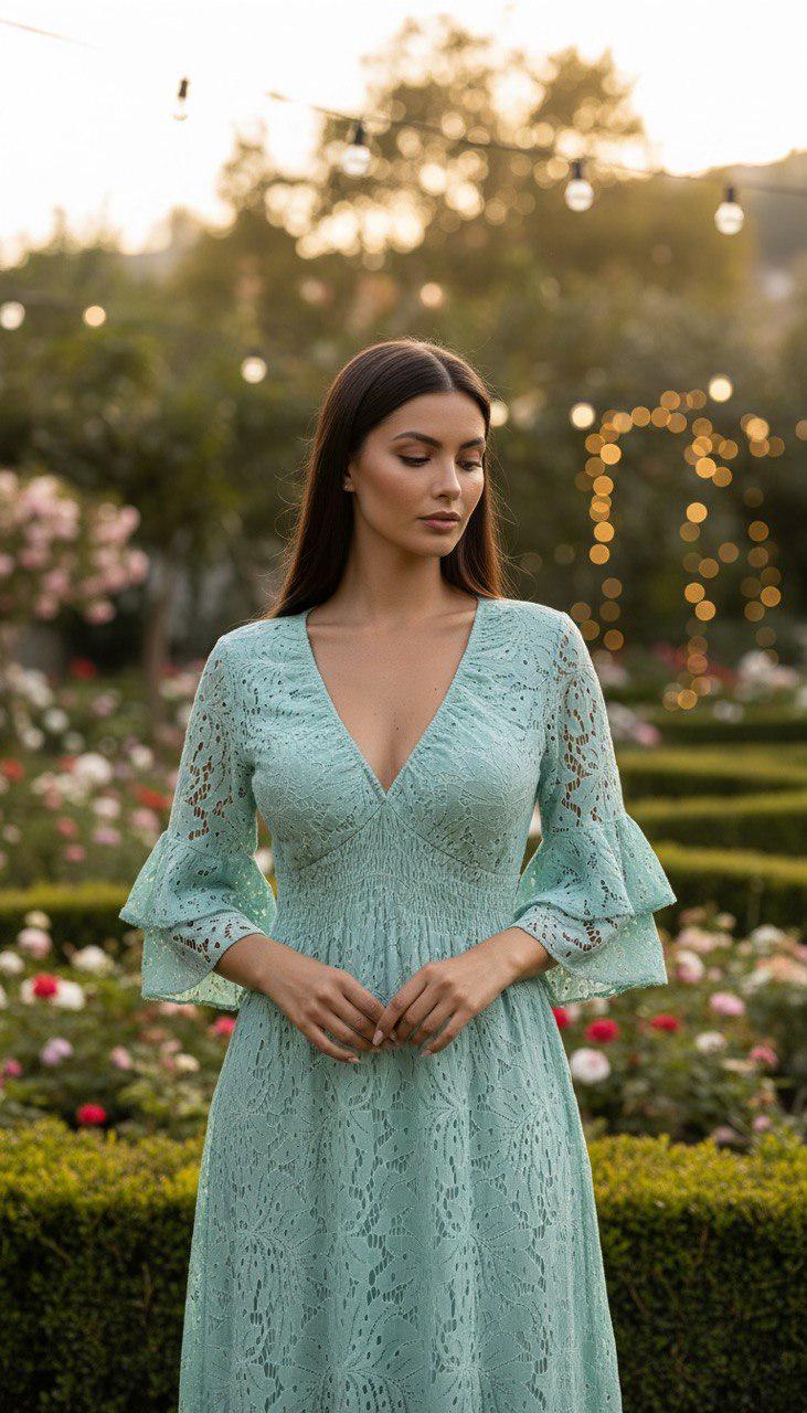 Mint Green Boho Lace Maxi Dress, Cottagecore Dress, V Neck Bell Sleeve Dress, Romantic Wedding Guest Dress, Bohemian Summer Gown.