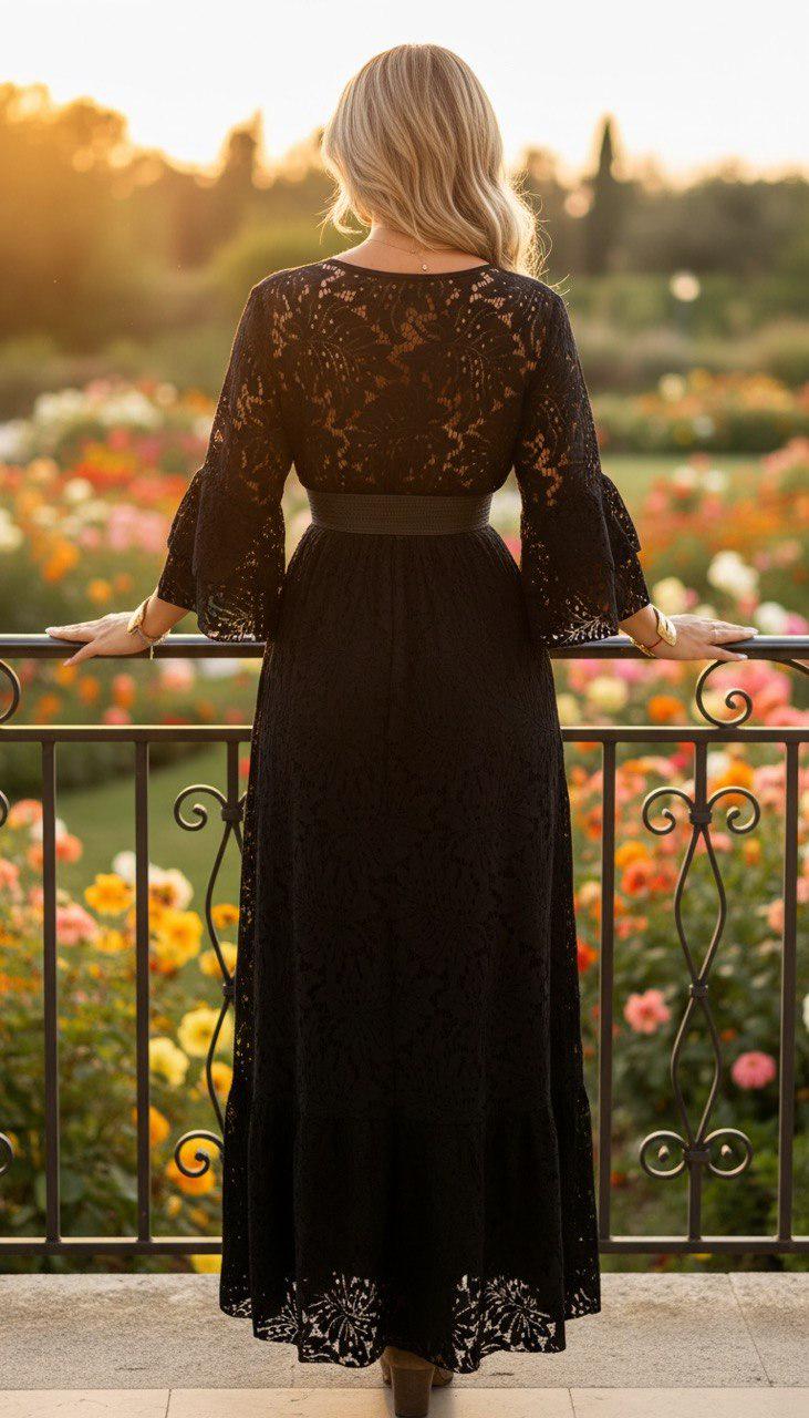 Black Boho Lace Maxi Dress, V Neck Bohemian Dress, Cottagecore Maxi Dress, Bell Sleeve Evening Dress, Romantic Wedding Guest Dress.