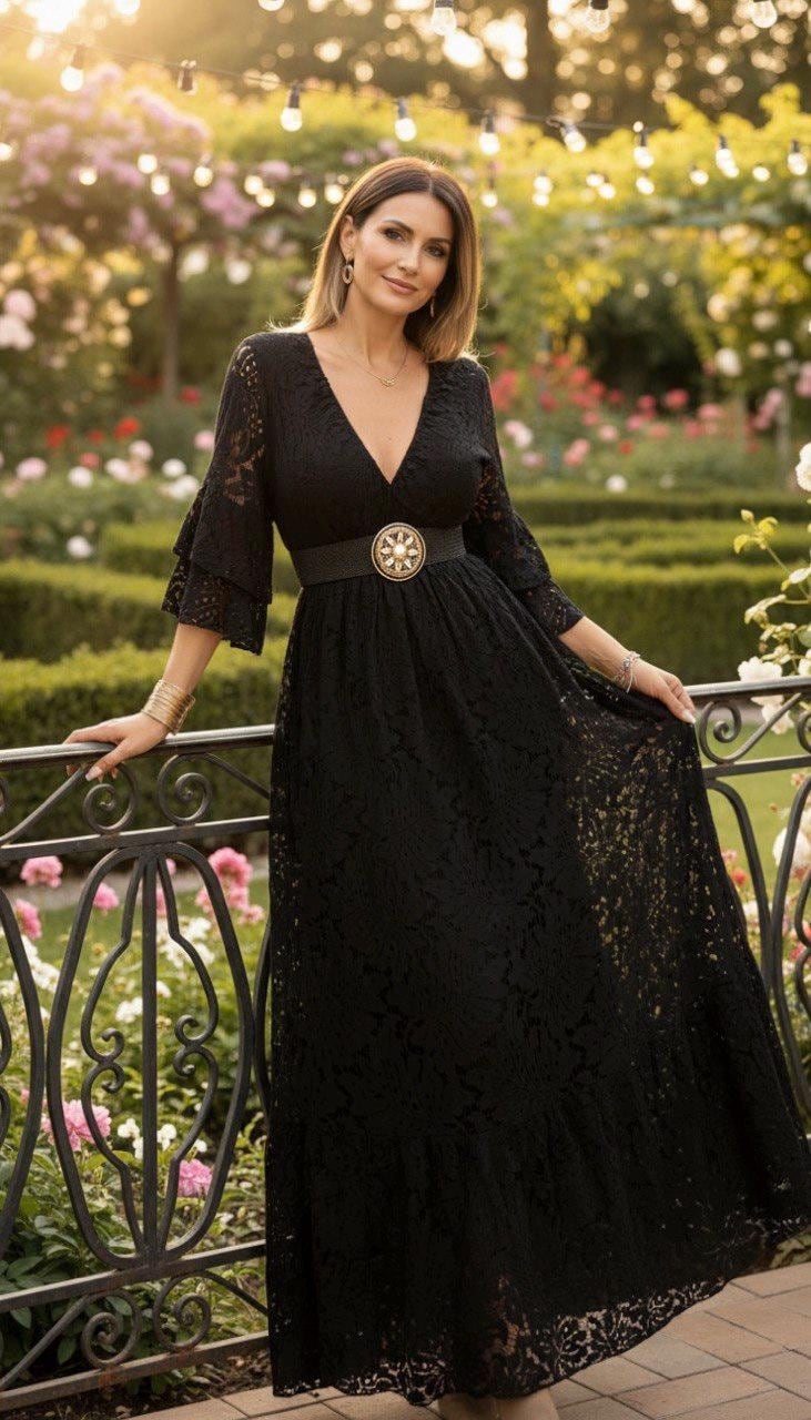 Black Boho Lace Maxi Dress, V Neck Bohemian Dress, Cottagecore Maxi Dress, Bell Sleeve Evening Dress, Romantic Wedding Guest Dress.