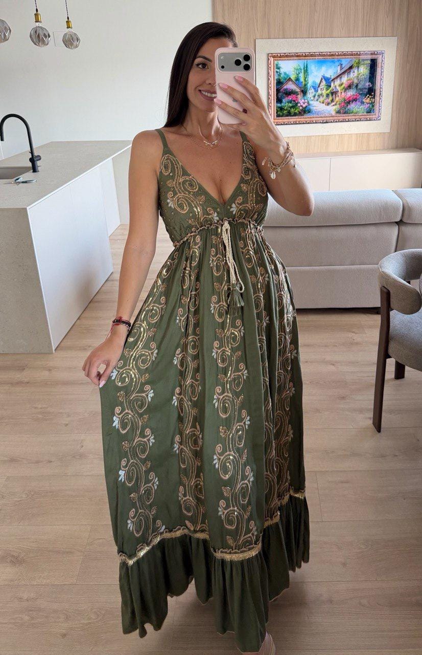 Boho Maxi Dress, Embroidered Summer Maxi Dress, Sleeveless Bohemian Dress, Beach Vacation Dress, Festival Outfit, Wedding Guest Maxi Dress.