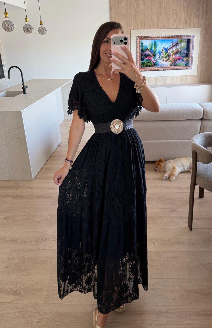 Black Lace Maxi Dress for Women, Boho V-neck Summer Dress, Flowy Cottagecore Dress, Elegant Wedding Guest Dress, Romantic Long Dress.