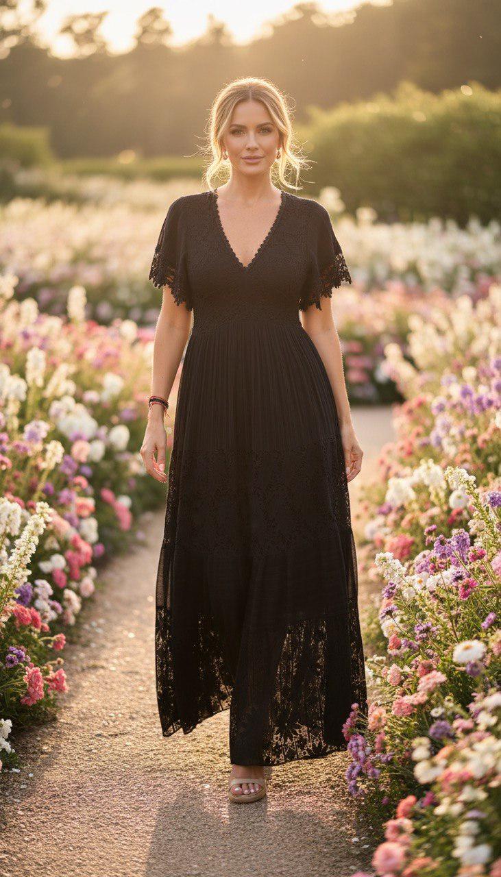Black Lace Maxi Dress for Women, Boho V-neck Summer Dress, Flowy Cottagecore Dress, Elegant Wedding Guest Dress, Romantic Long Dress.