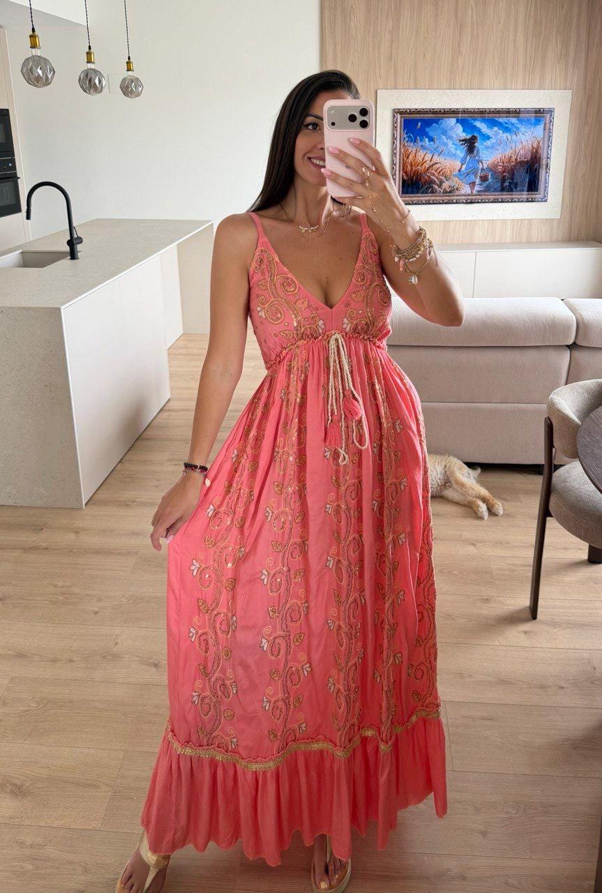 Boho Maxi Dress, Embroidered Summer Maxi Dress, Sleeveless Bohemian Dress, Beach Vacation Dress, Festival Outfit, Wedding Guest Maxi Dress.