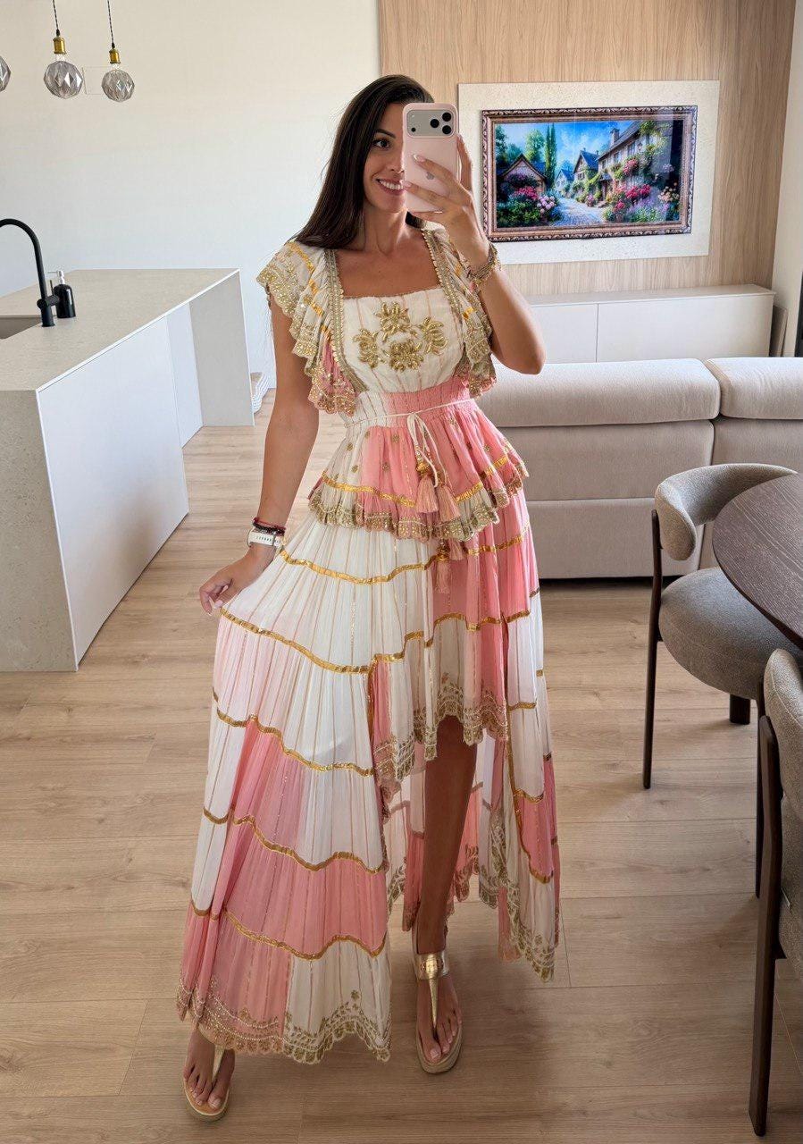 Mint Green and White Boho Skirt Set, Two Piece Crop Top and Maxi Skirt, Bohemian Summer Outfit, Festival Co Ord Set,romantic Beachwear Dress