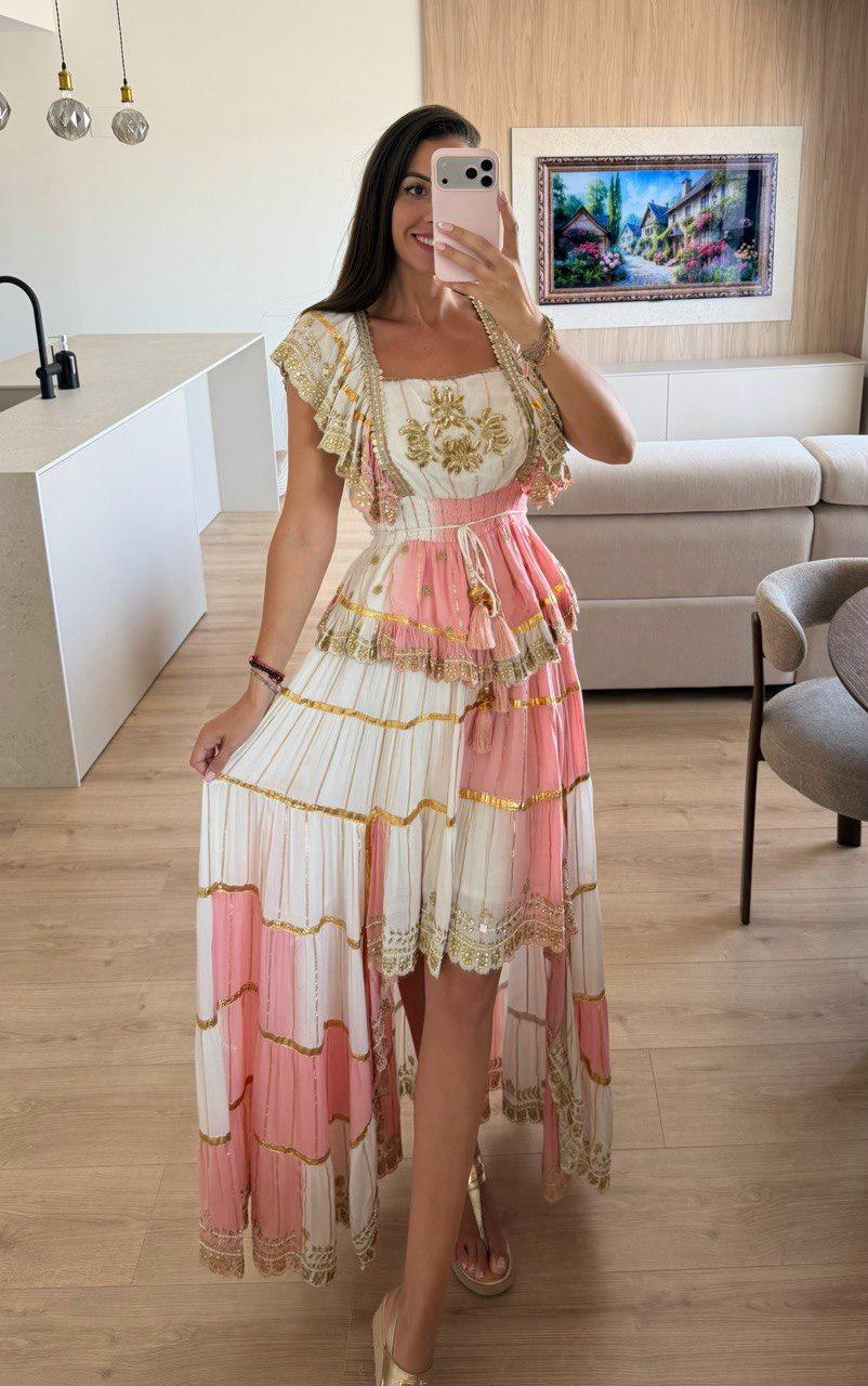Pink High Low Boho Dress, Embroidered Cottagecore Dress, Romantic Fairycore Dress, Flowy Summer Dress, Garden Party Dress.
