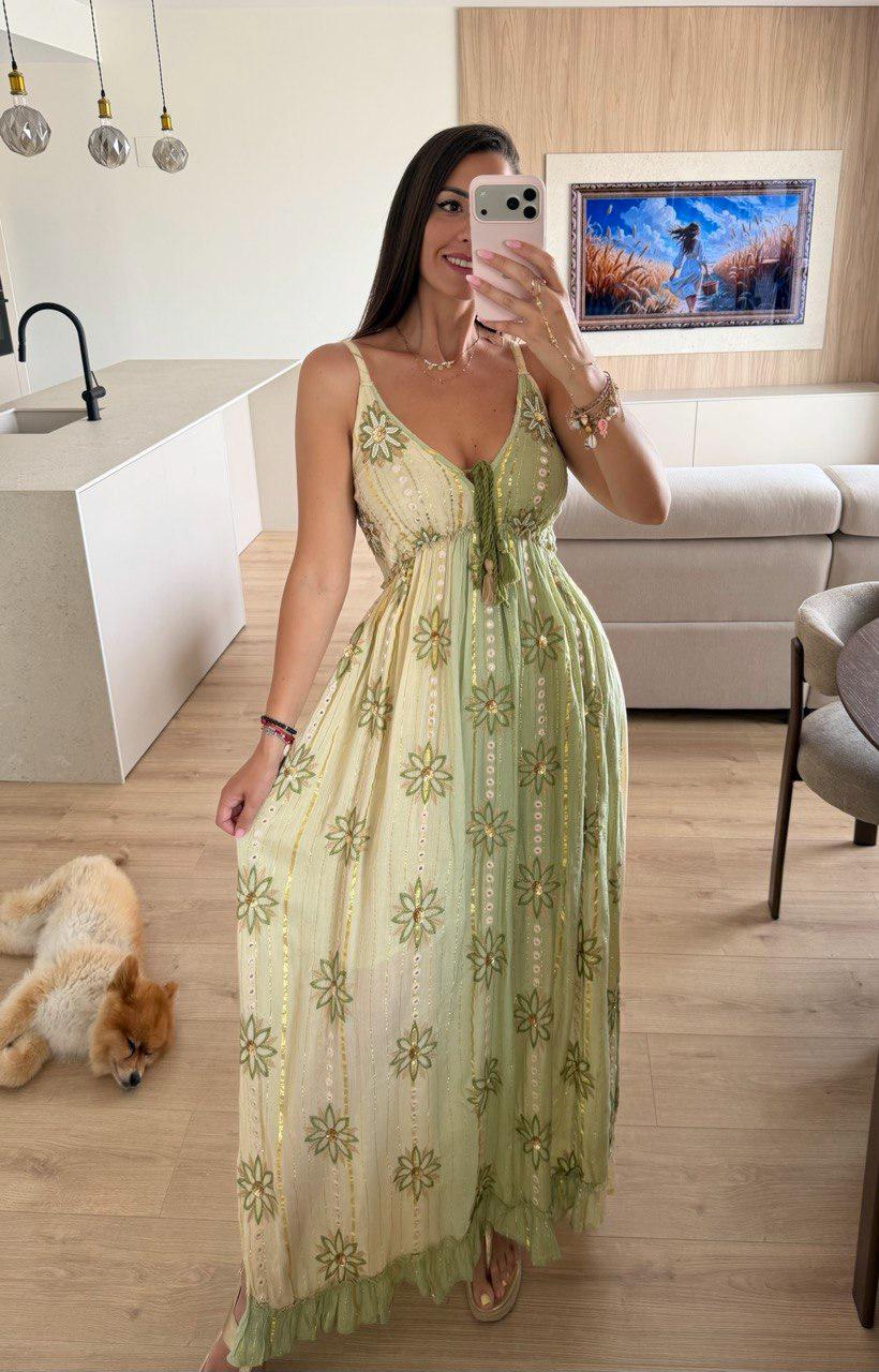 Mustard Boho Maxi Dress, Embroidered Summer Dress, Flowy Bohemian Dress, Beach Vacation Dress, Resort Wear for Women