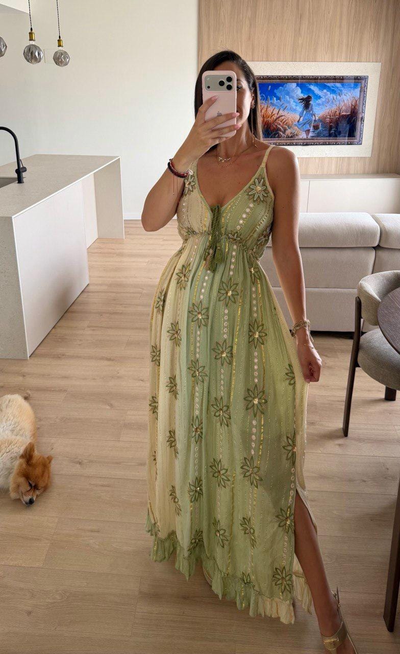 Mustard Boho Maxi Dress, Embroidered Summer Dress, Flowy Bohemian Dress, Beach Vacation Dress, Resort Wear for Women