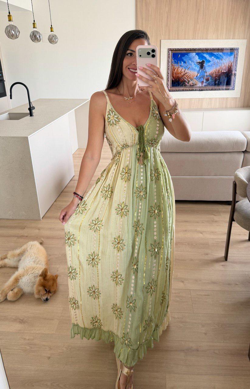 Mustard Boho Maxi Dress, Embroidered Summer Dress, Flowy Bohemian Dress, Beach Vacation Dress, Resort Wear for Women