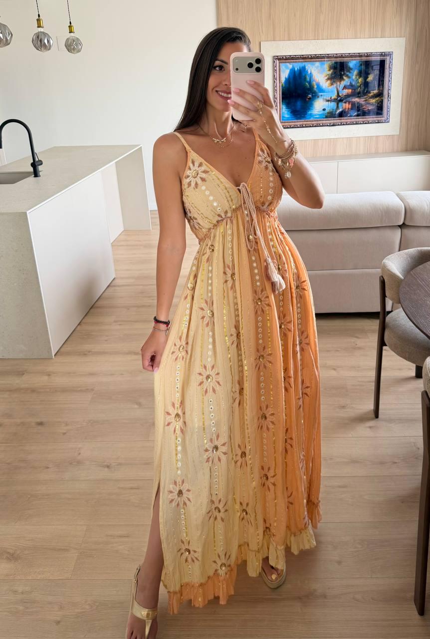 Mustard Boho Maxi Dress, Embroidered Summer Dress, Flowy Bohemian Dress, Beach Vacation Dress, Resort Wear for Women