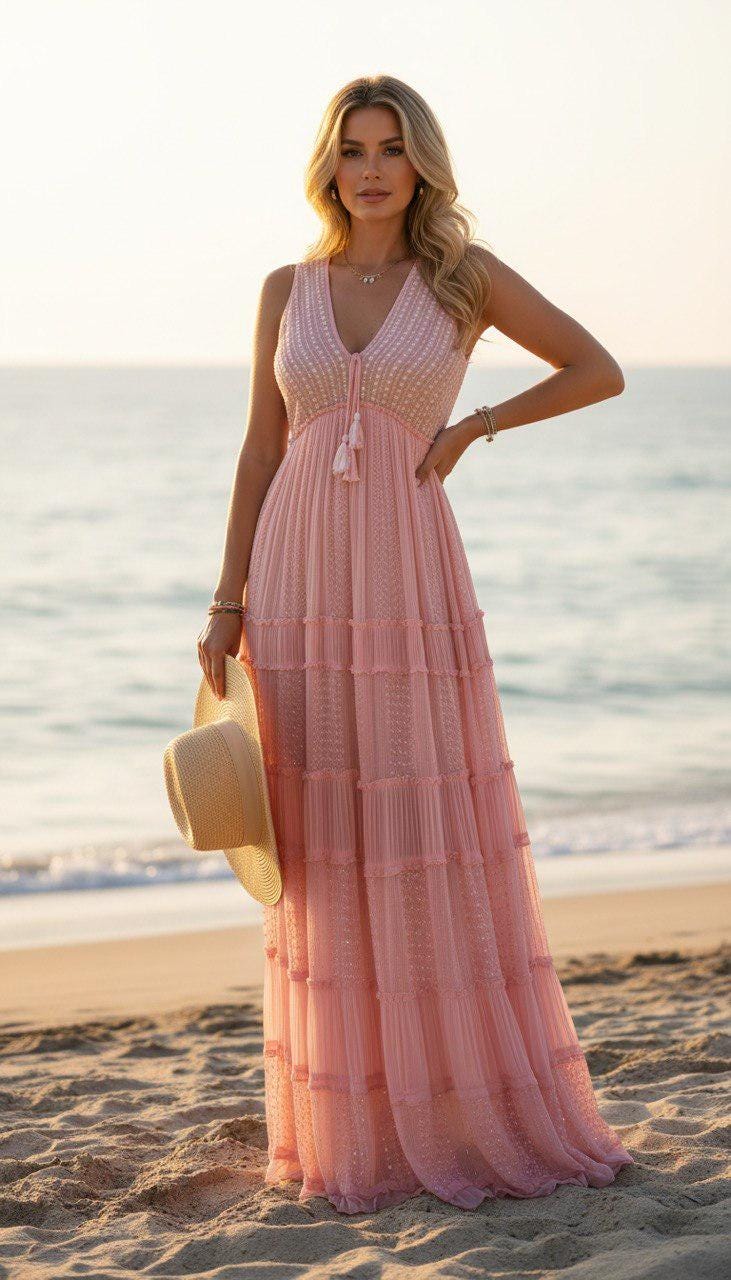 Blush Pink Boho Maxi Dress, Sleeveless Lace Summer Dress, Romantic Beach Dress, Flowy Cottagecore Maxi Dress.