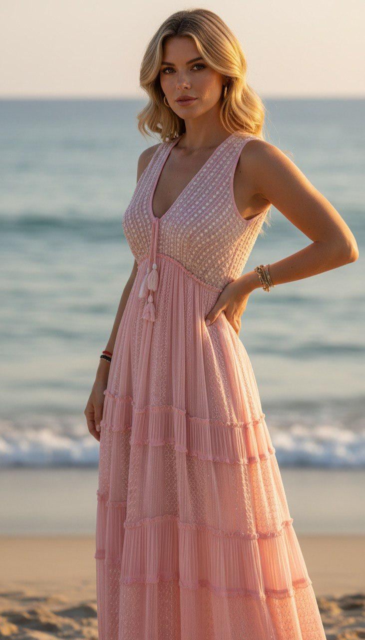 Blush Pink Boho Maxi Dress, Sleeveless Lace Summer Dress, Romantic Beach Dress, Flowy Cottagecore Maxi Dress.