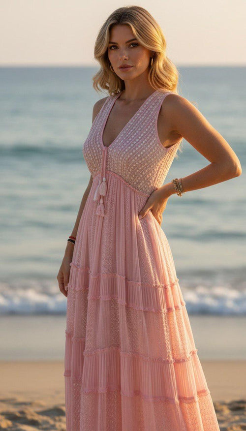 Blush Pink Boho Maxi Dress, Sleeveless Lace Summer Dress, Romantic Beach Dress, Flowy Cottagecore Maxi Dress.