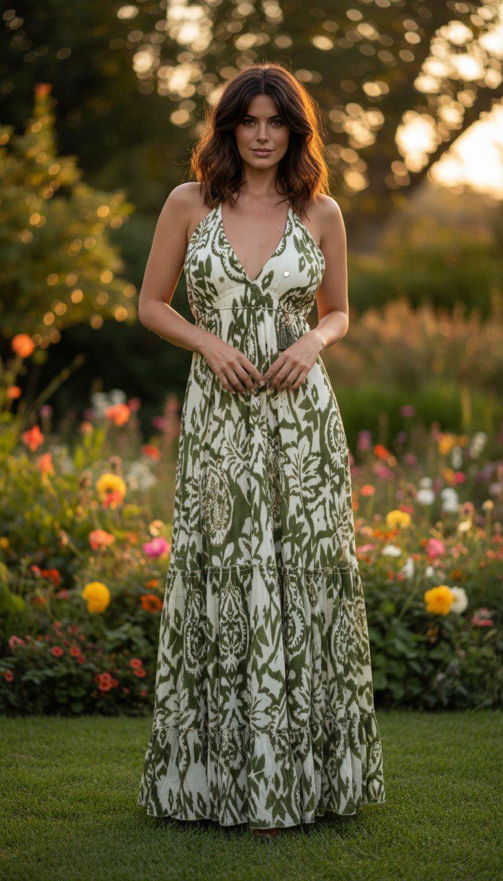 Green White Floral Halter Maxi Dress, Boho Summer Dress, Botanical Print Long Dress, Beach Vacation Dress, Flowy Resort Dress, Women's Maxi.