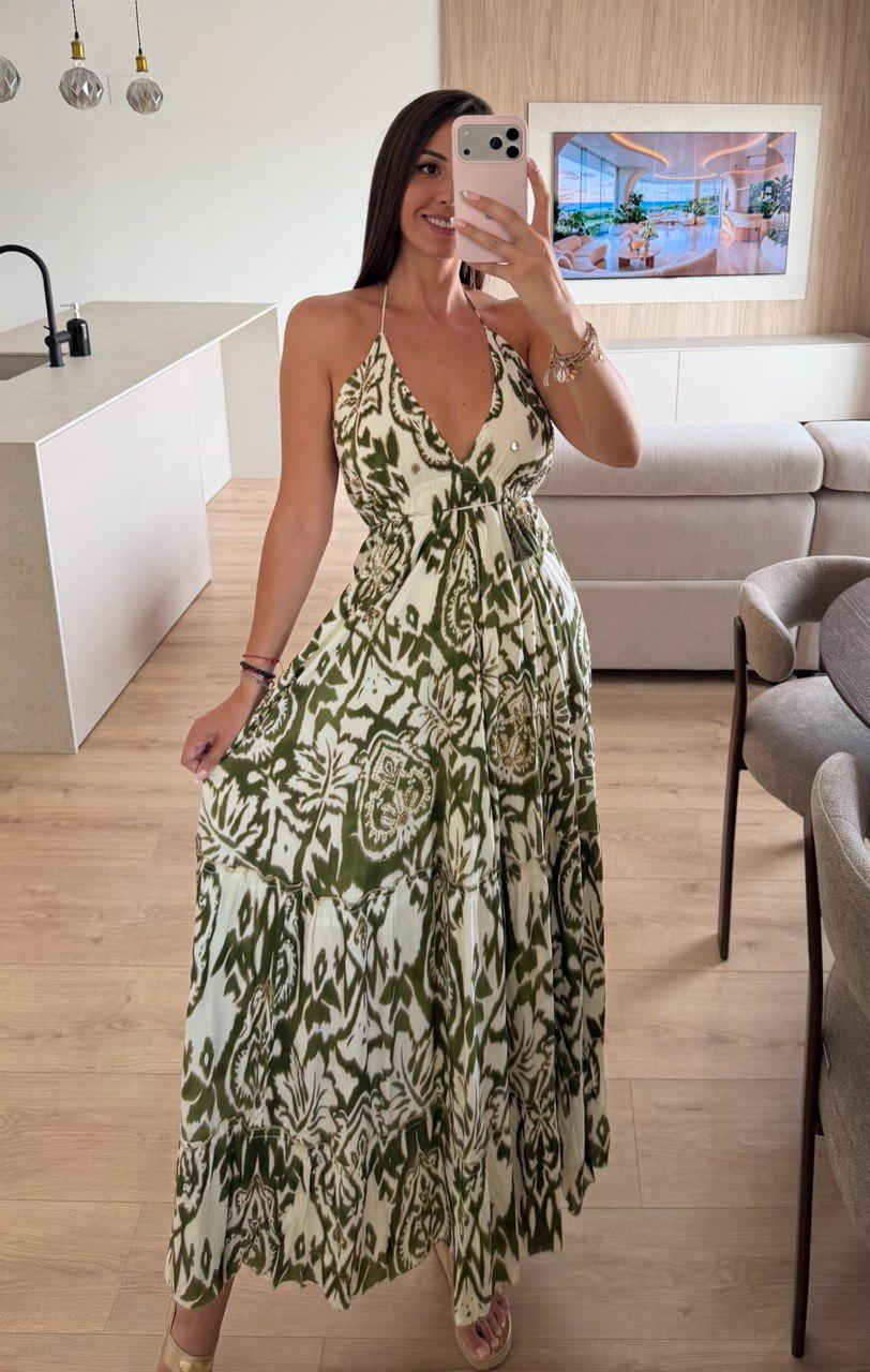 Green White Floral Halter Maxi Dress, Boho Summer Dress, Botanical Print Long Dress, Beach Vacation Dress, Flowy Resort Dress, Women's Maxi.