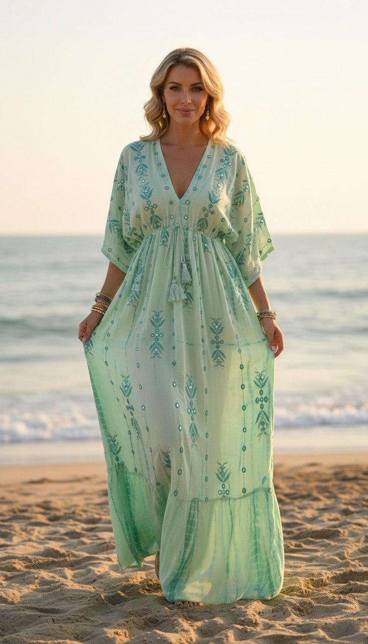 Blue Boho Maxi Dress for Women, Flowy Beach Dress, V Neck Kaftan Maxi Dress, Resort Wear, Summer Vacation Dress, Loose Bohemian Dress.