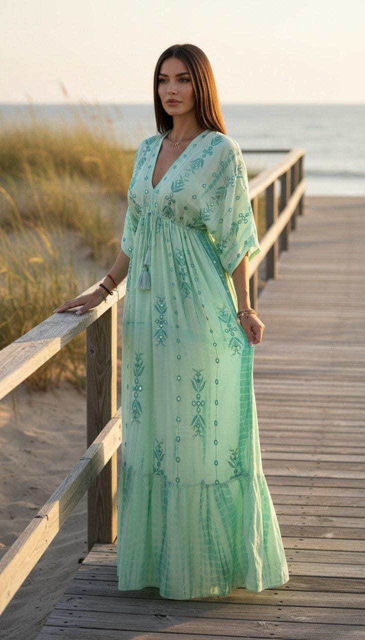 Blue Boho Maxi Dress for Women, Flowy Beach Dress, V Neck Kaftan Maxi Dress, Resort Wear, Summer Vacation Dress, Loose Bohemian Dress.