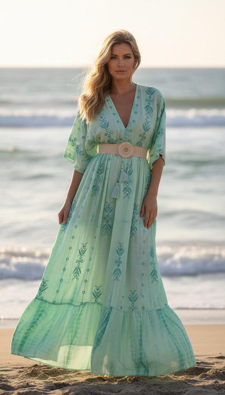 Mint Green Boho Maxi Dress, Embroidered Beach Dress, Flowy Summer Dress, V-neck Resort Wear, Cottagecore Dress.