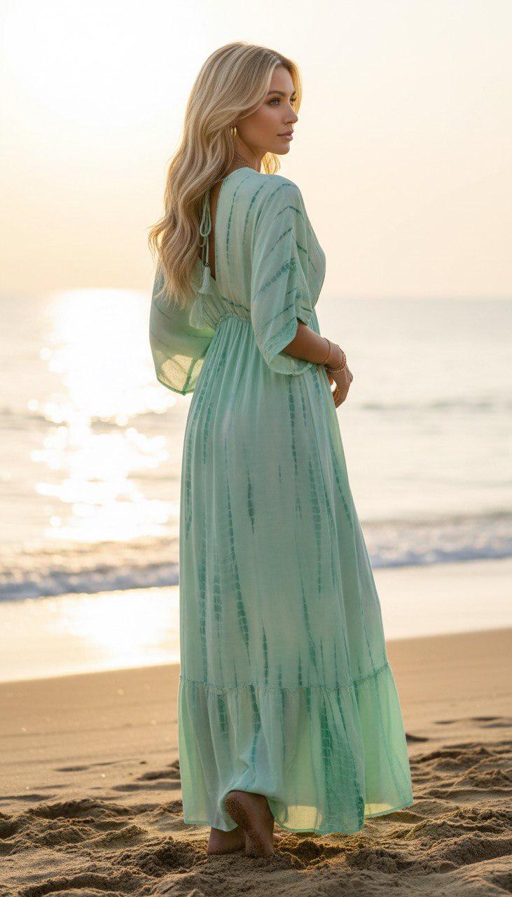 Blue Boho Maxi Dress for Women, Flowy Beach Dress, V Neck Kaftan Maxi Dress, Resort Wear, Summer Vacation Dress, Loose Bohemian Dress.