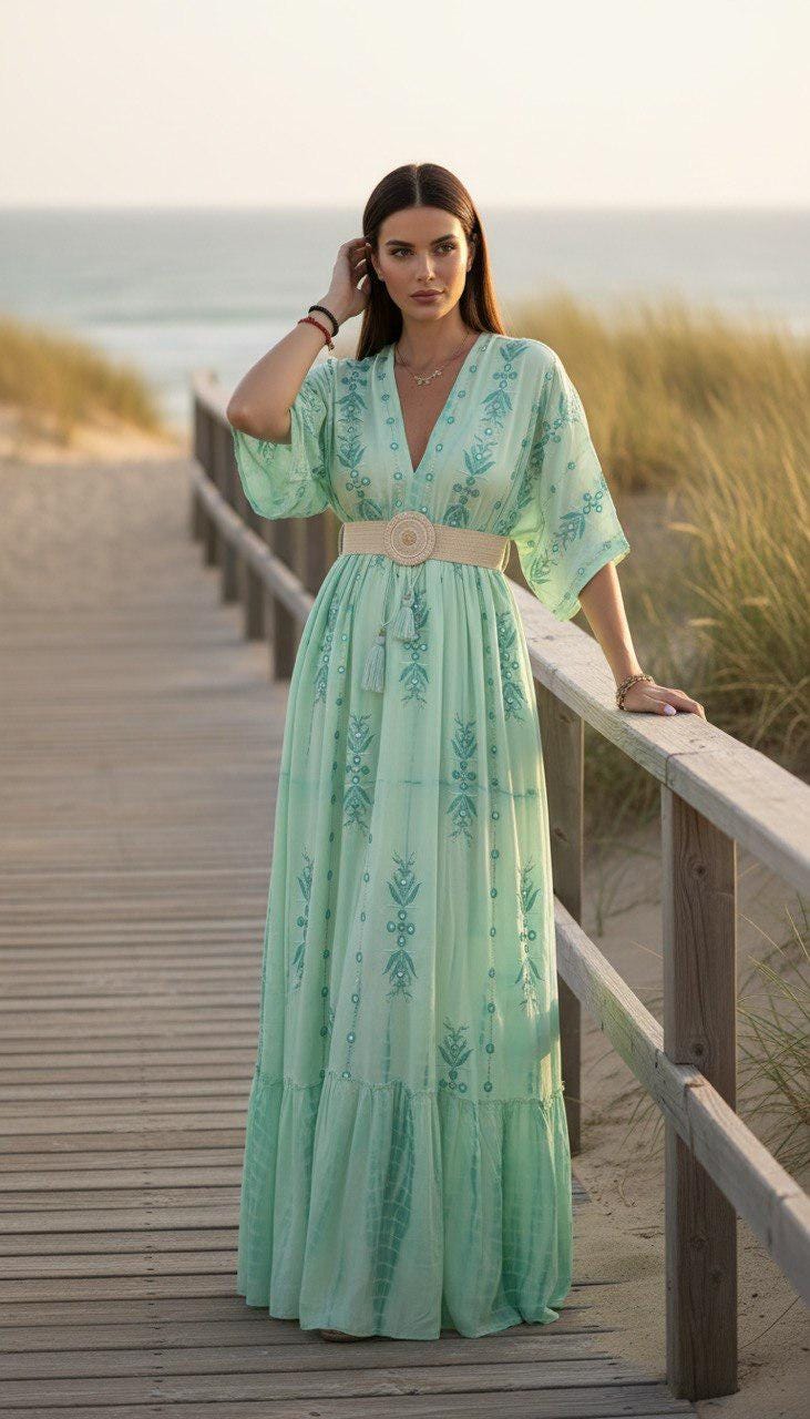 Blue Boho Maxi Dress for Women, Flowy Beach Dress, V Neck Kaftan Maxi Dress, Resort Wear, Summer Vacation Dress, Loose Bohemian Dress.