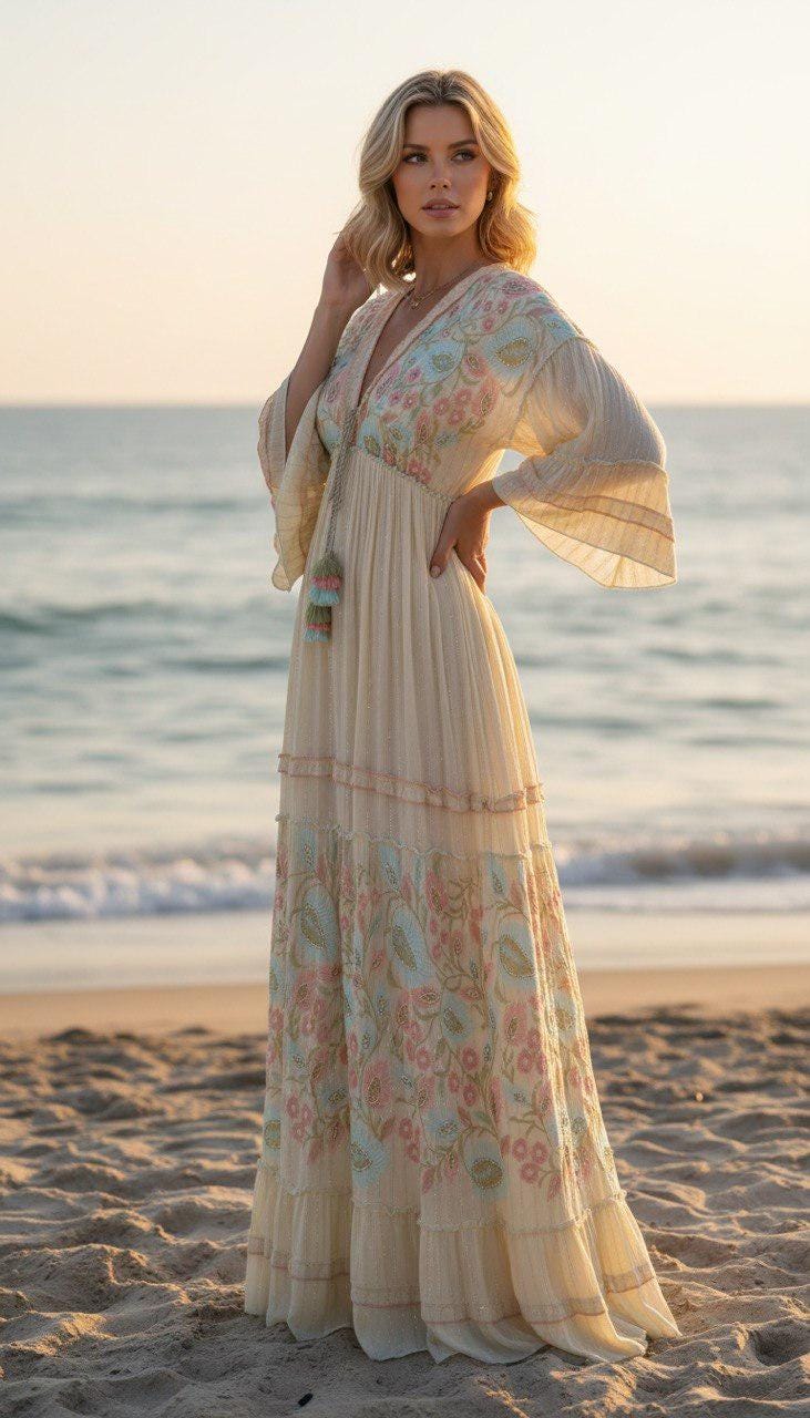 Boho Maxi Dress, Yellow Floral Print Dress, Embroidered V Neck Dress, Flowy Summer Dress, Long Bohemian Dress, Romantic Festival Dress.