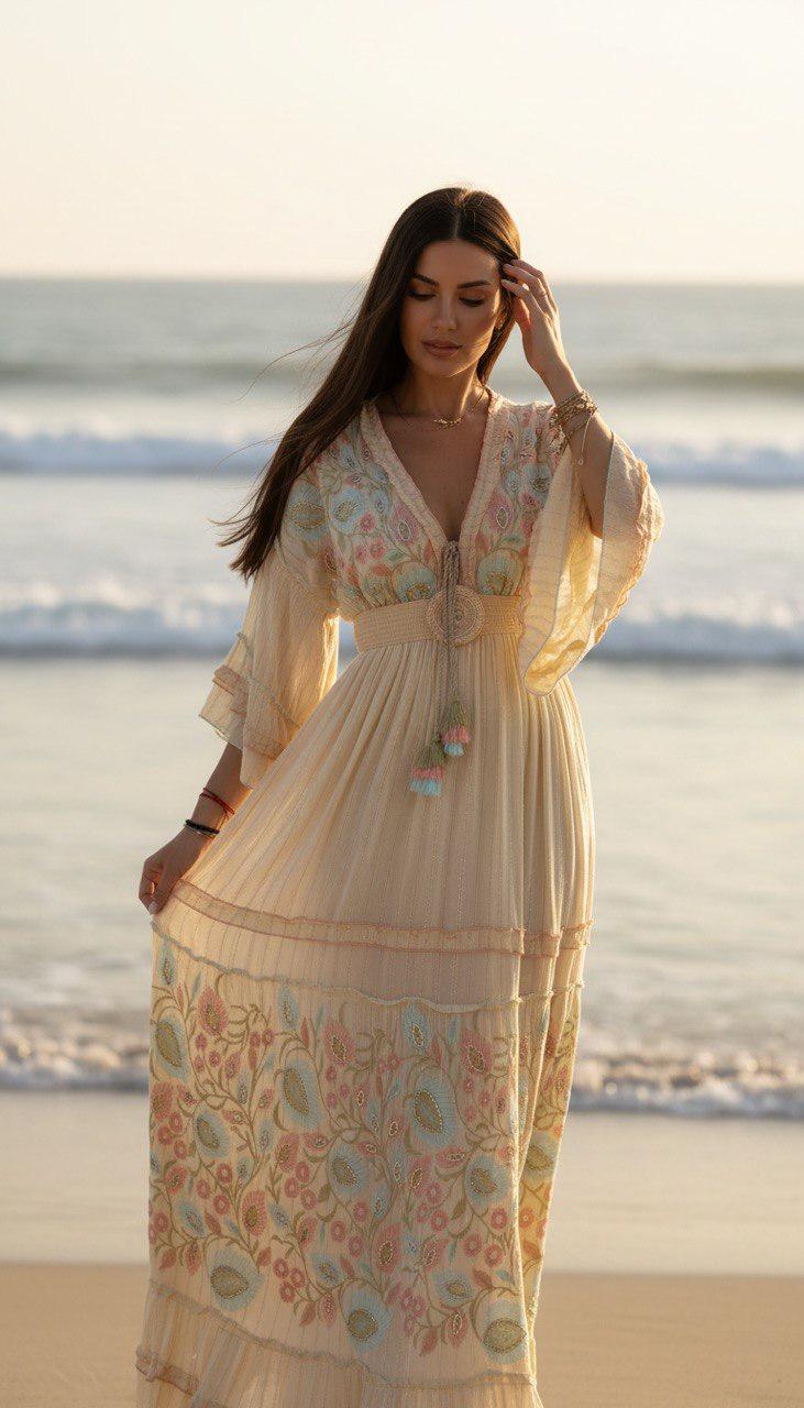 Boho Maxi Dress, Yellow Floral Print Dress, Embroidered V Neck Dress, Flowy Summer Dress, Long Bohemian Dress, Romantic Festival Dress.