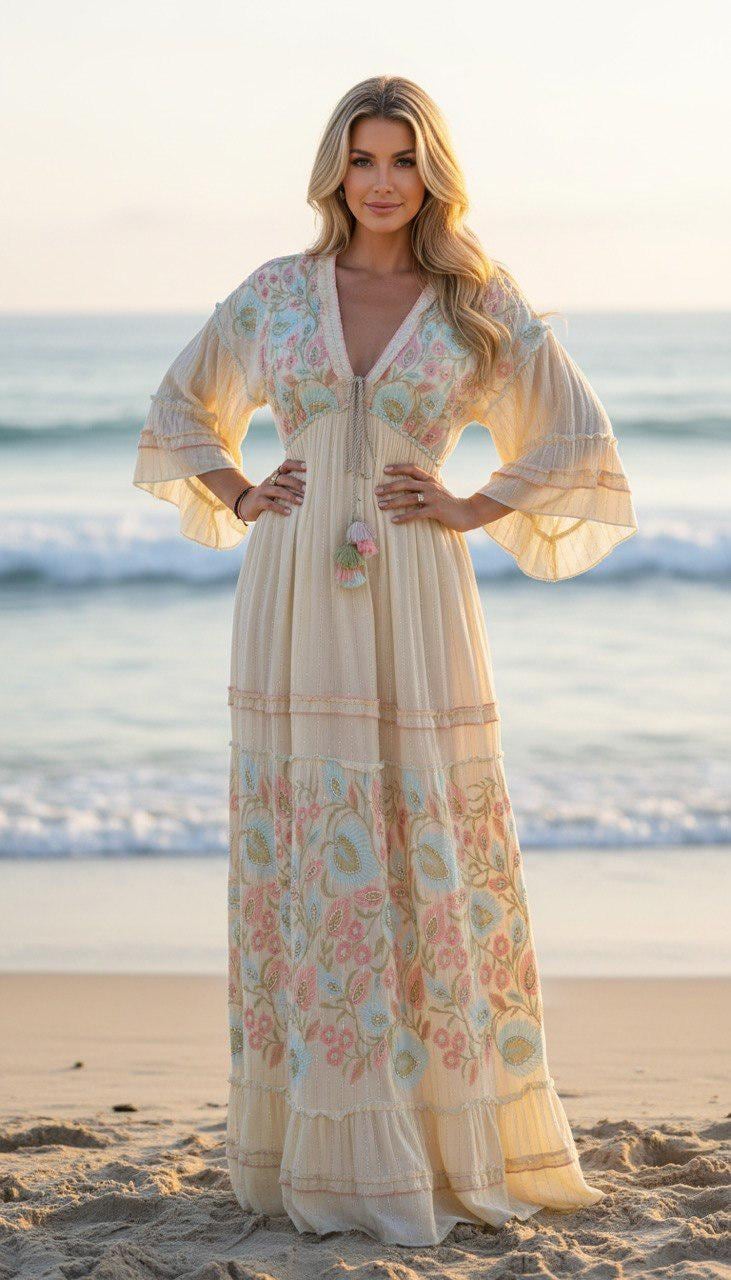 Sky Blue Boho Maxi Dress, Embroidered Long Dress, Resort Wear for Women, Beach Vacation Outfit, Flowy Bohemian Dress.