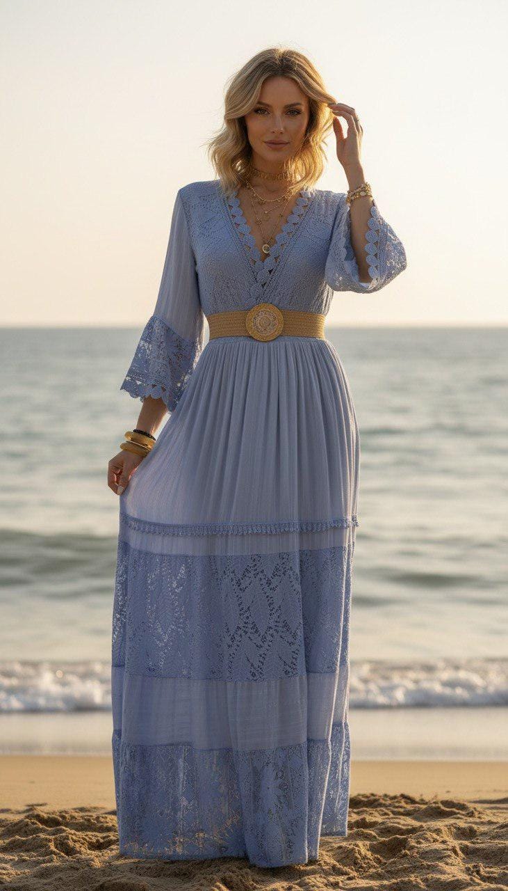 Dusty Blue Boho Maxi Dress, Lace Cottagecore Dress, V Neck Long Sleeve Dress, Romantic Bohemian Gown, Wedding Guest Dress.