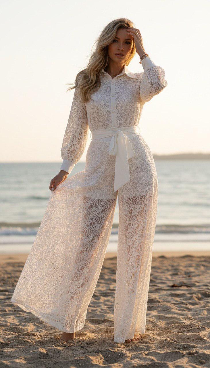 White Lace Beach Cover up Set, Boho Bridal Lace Outfit, Sheer Lace Pants and Crop Top, Beach Wedding Cover Up, Resort Wear Two Piece Set.