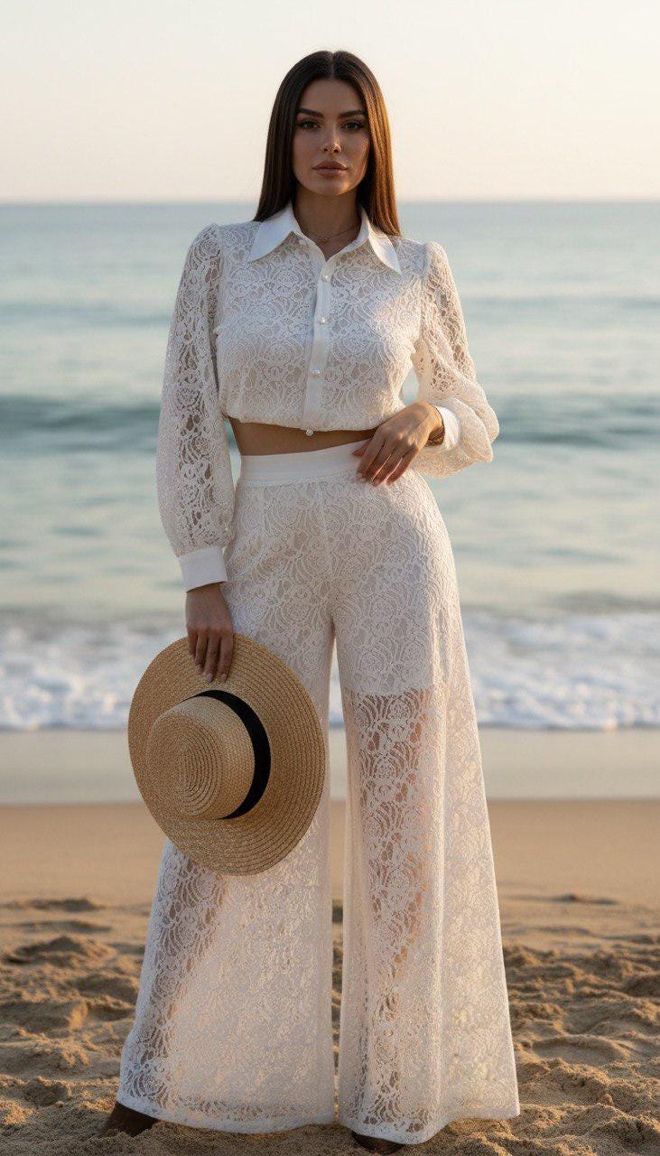 White Lace Beach Cover up Set, Boho Bridal Lace Outfit, Sheer Lace Pants and Crop Top, Beach Wedding Cover Up, Resort Wear Two Piece Set.