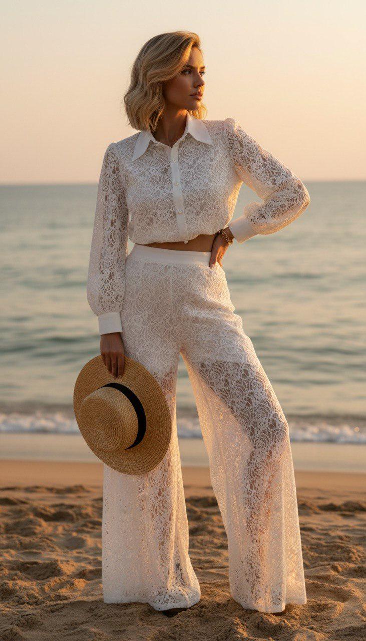 White Lace Beach Cover up Set, Boho Bridal Lace Outfit, Sheer Lace Pants and Crop Top, Beach Wedding Cover Up, Resort Wear Two Piece Set.