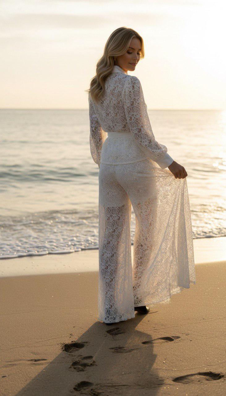 White Lace Beach Cover up Set, Boho Bridal Lace Outfit, Sheer Lace Pants and Crop Top, Beach Wedding Cover Up, Resort Wear Two Piece Set.