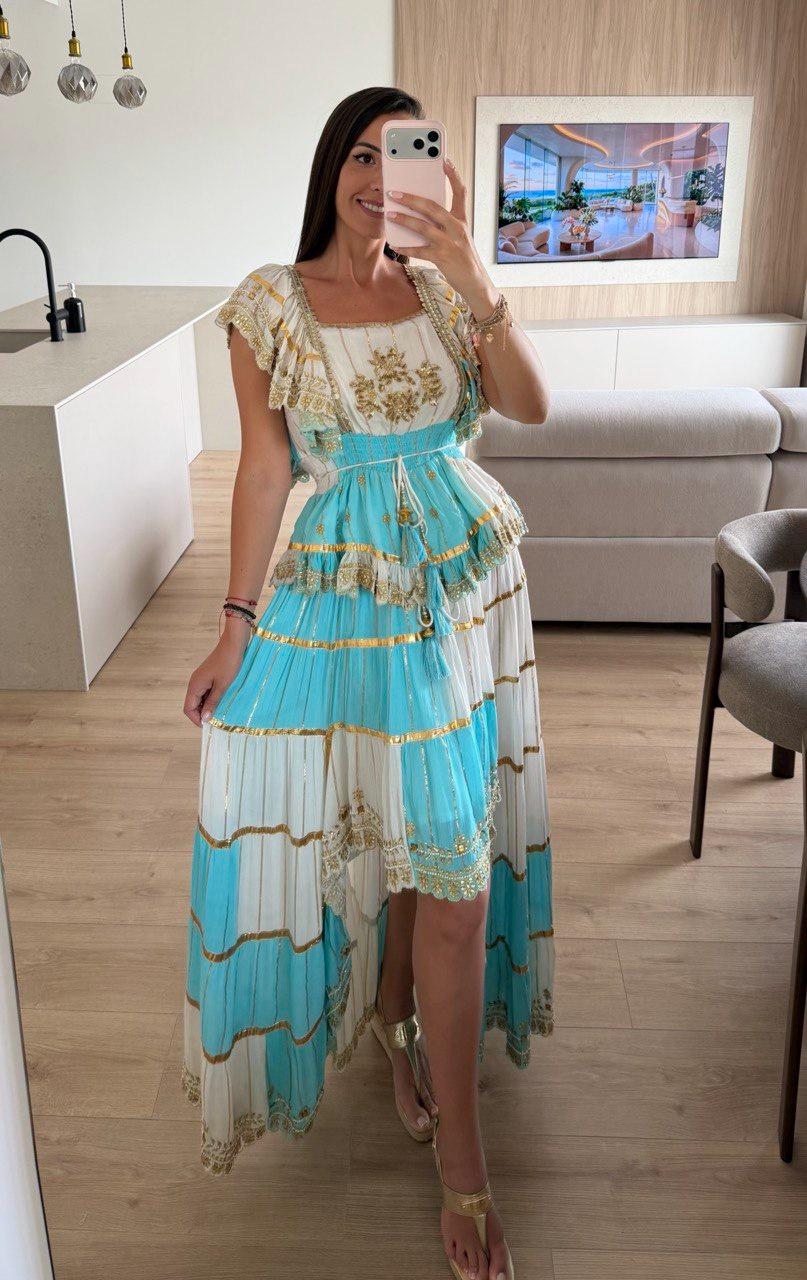 Boho Maxi Dress for Women, Turquoise and White Embroidered Dress, Ibiza Style Dress, Beach Wedding Guest Dress, Bohemian Summer Dress.
