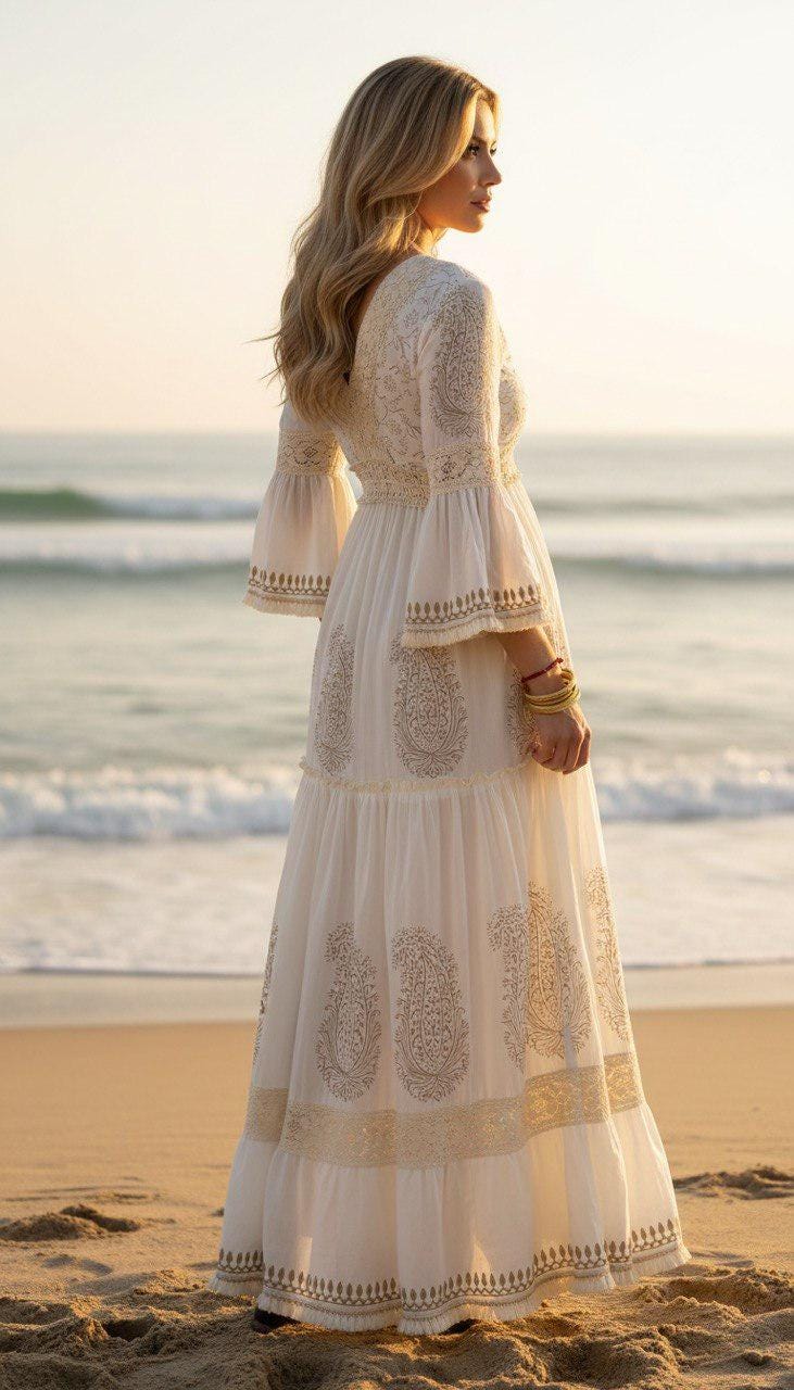 White Bohemian Maxi Dress, Cottagecore Prairie Dress, V Neck Flowy Dress, Romantic Summer Dress, Bridal Shower Outfit, Boho Kleid, Boho Chic