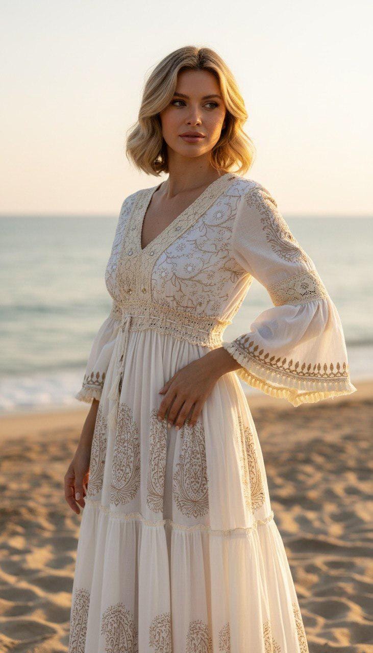 White Bohemian Maxi Dress, Cottagecore Prairie Dress, V Neck Flowy Dress, Romantic Summer Dress, Bridal Shower Outfit, Boho Kleid, Boho Chic