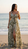 Boho Printed Maxi Dress for Women, Summer Beach Dress, Sleeveless Vacation Outfit, Flowy Resort Dress, Split Leg Bohemian Gown.