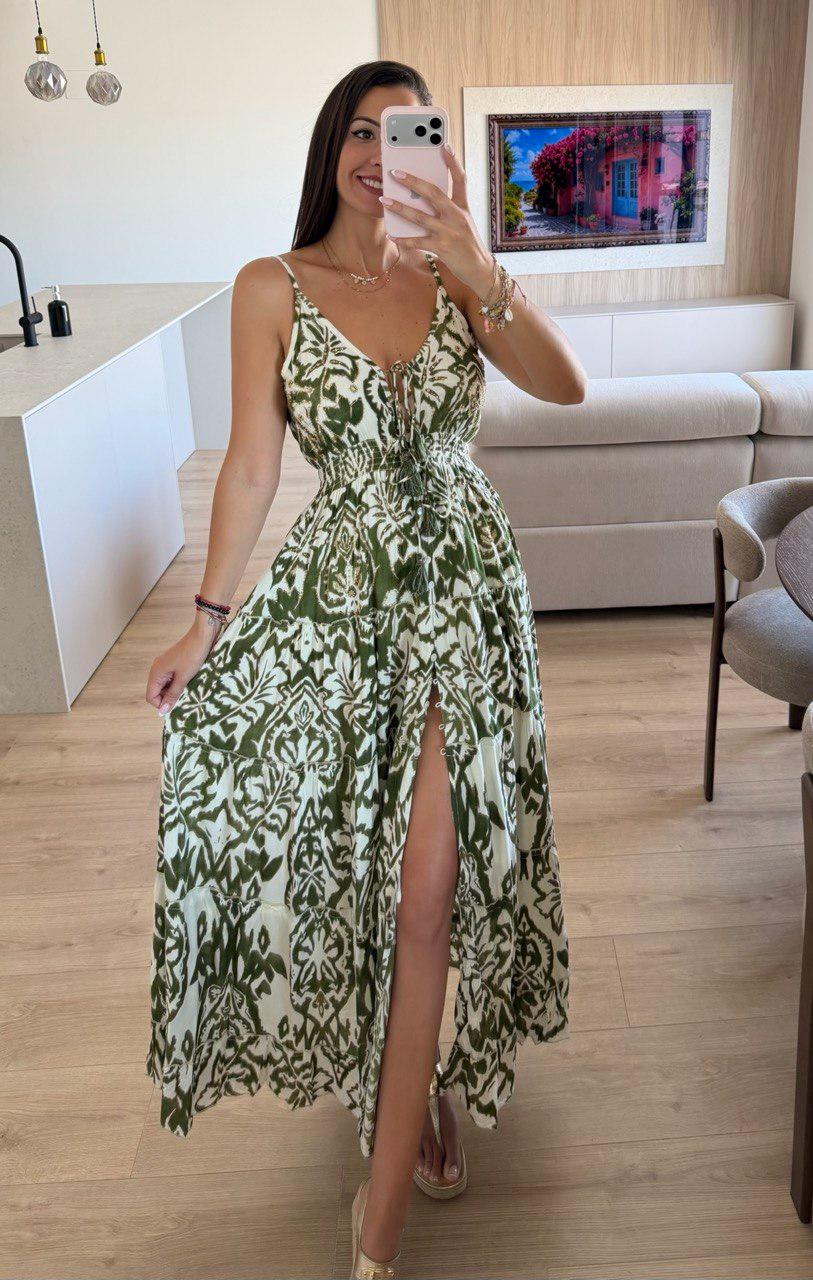 Boho Printed Maxi Dress for Women, Summer Beach Dress, Sleeveless Vacation Outfit, Flowy Resort Dress, Split Leg Bohemian Gown.