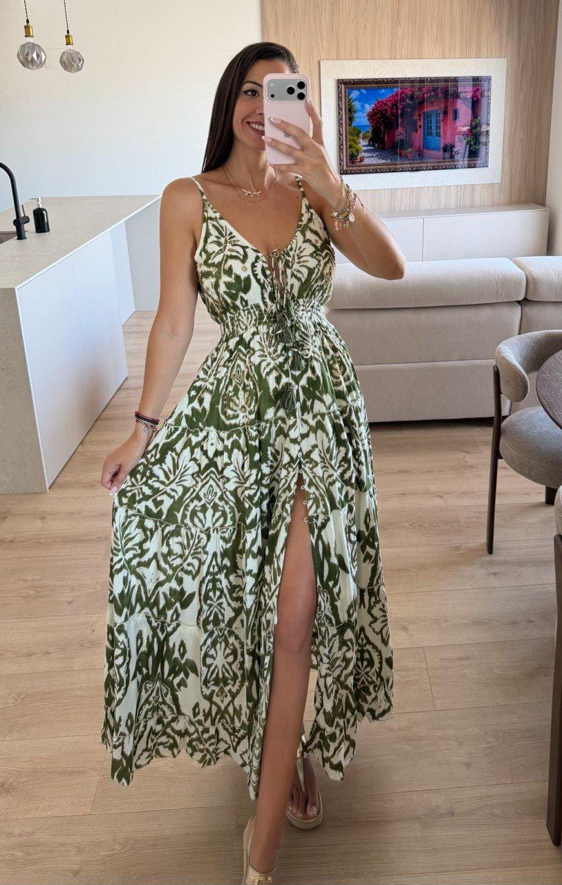 Boho Printed Maxi Dress for Women, Summer Beach Dress, Sleeveless Vacation Outfit, Flowy Resort Dress, Split Leg Bohemian Gown.