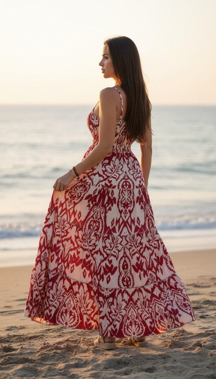 Boho Printed Maxi Dress for Women, Summer Beach Dress, Sleeveless Vacation Outfit, Flowy Resort Dress, Split Leg Bohemian Gown.