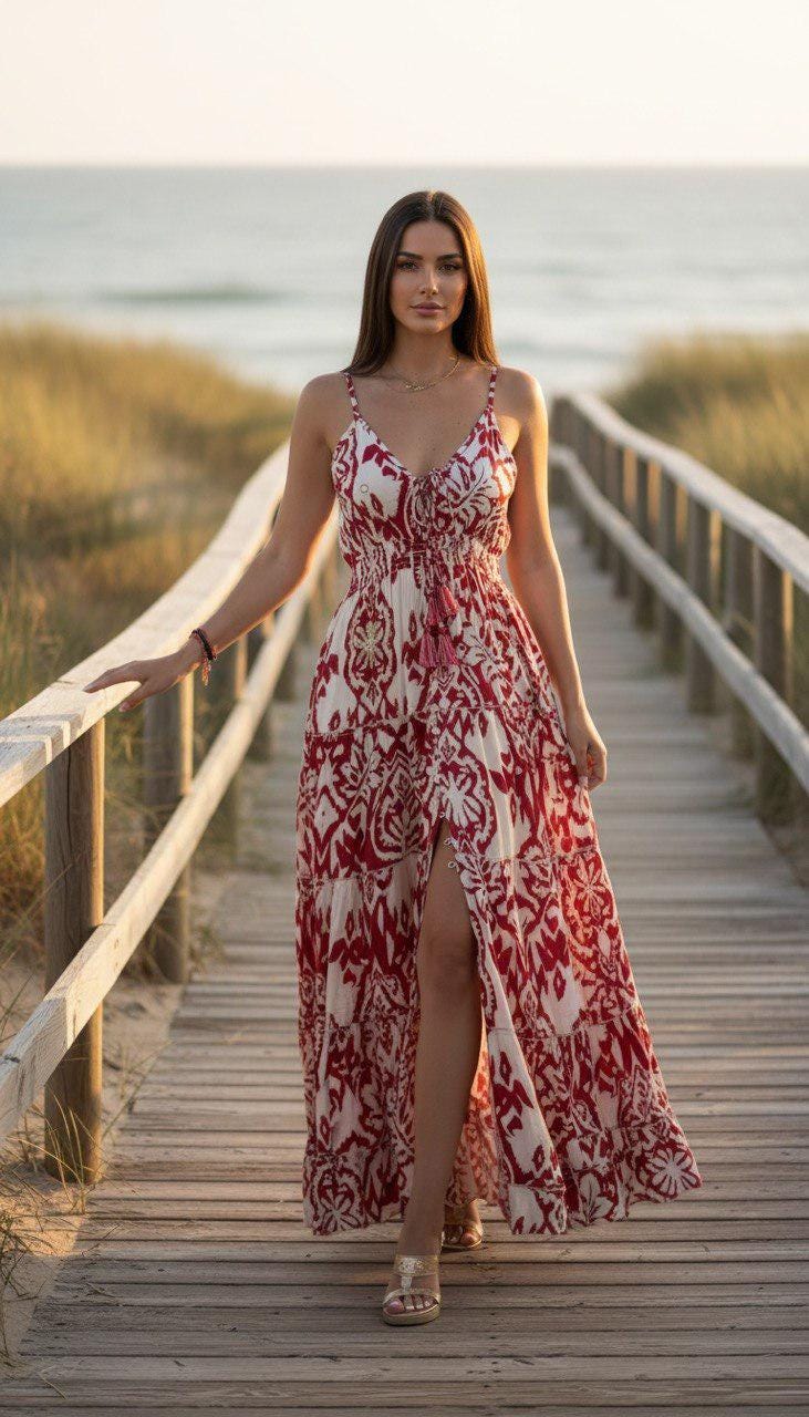 Boho Printed Maxi Dress for Women, Summer Beach Dress, Sleeveless Vacation Outfit, Flowy Resort Dress, Split Leg Bohemian Gown.