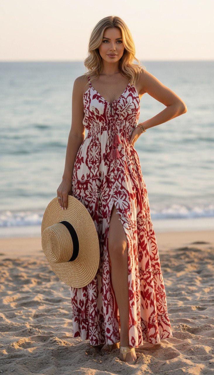 Boho Printed Maxi Dress for Women, Summer Beach Dress, Sleeveless Vacation Outfit, Flowy Resort Dress, Split Leg Bohemian Gown.