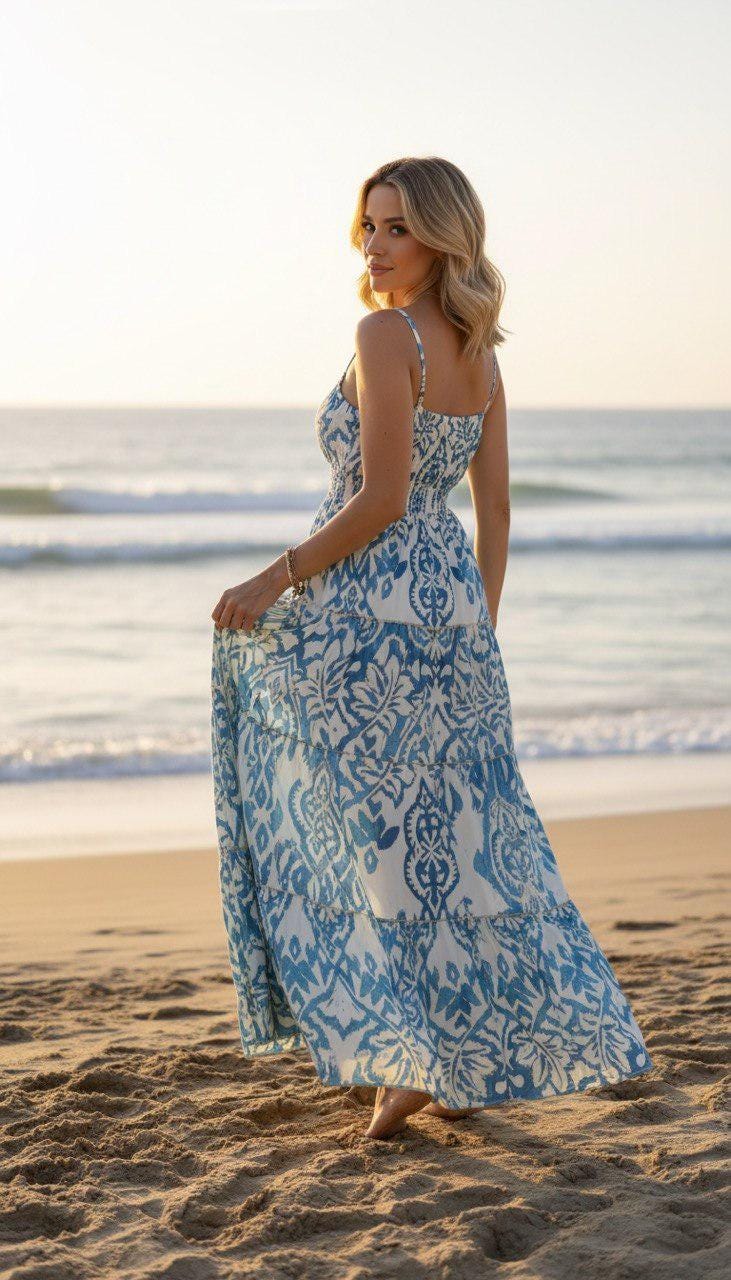 Boho Printed Maxi Dress for Women, Summer Beach Dress, Sleeveless Vacation Outfit, Flowy Resort Dress, Split Leg Bohemian Gown.