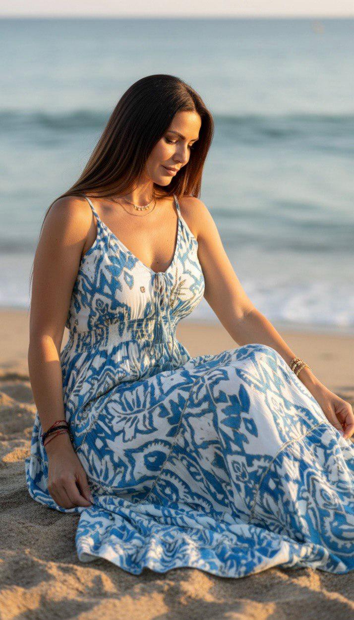 Boho Printed Maxi Dress for Women, Summer Beach Dress, Sleeveless Vacation Outfit, Flowy Resort Dress, Split Leg Bohemian Gown.