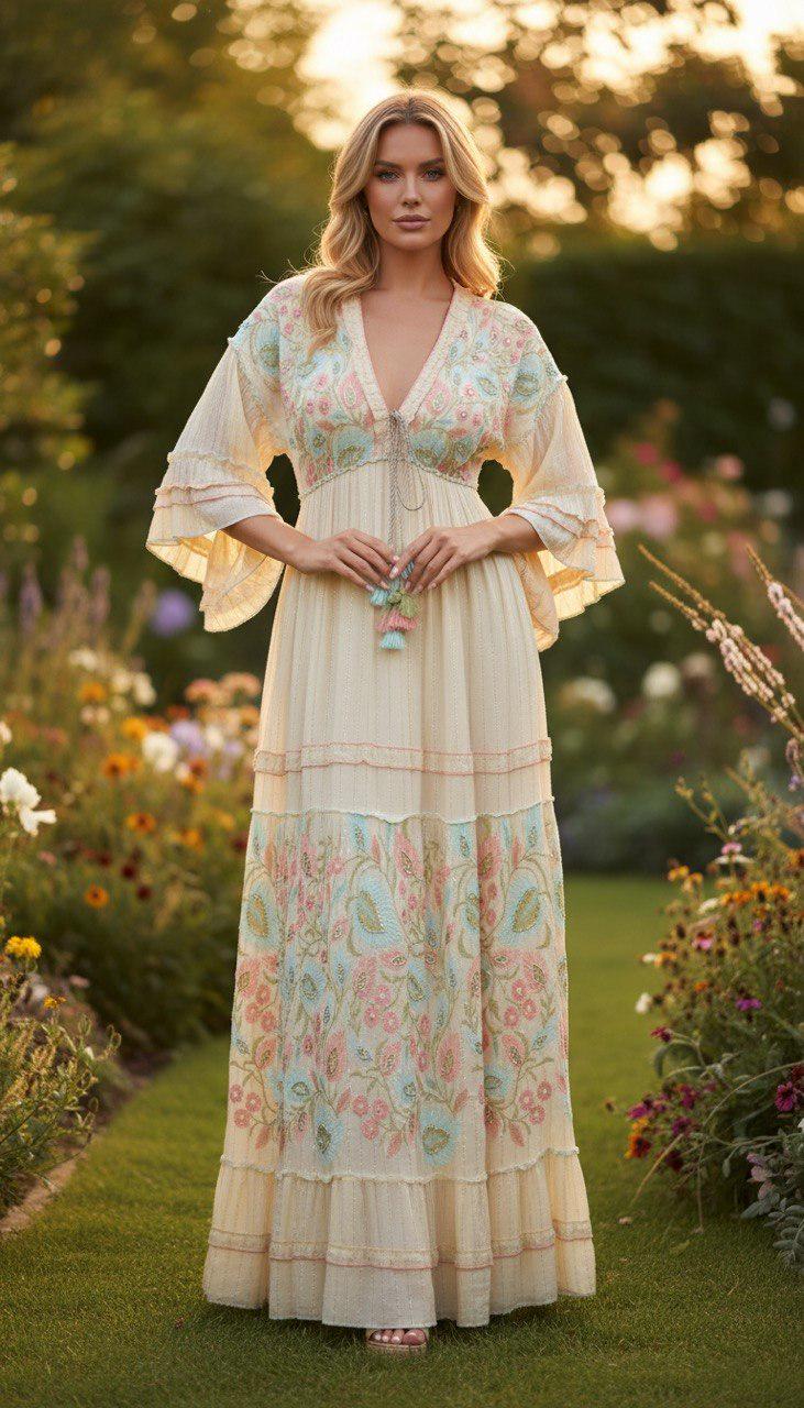 Boho Maxi Dress, Floral Embroidered Beach Dress, Cream Flowy Long Dress, V Neck Summer Dress, Romantic Bohemian Dress, Boho Dress Maxi.