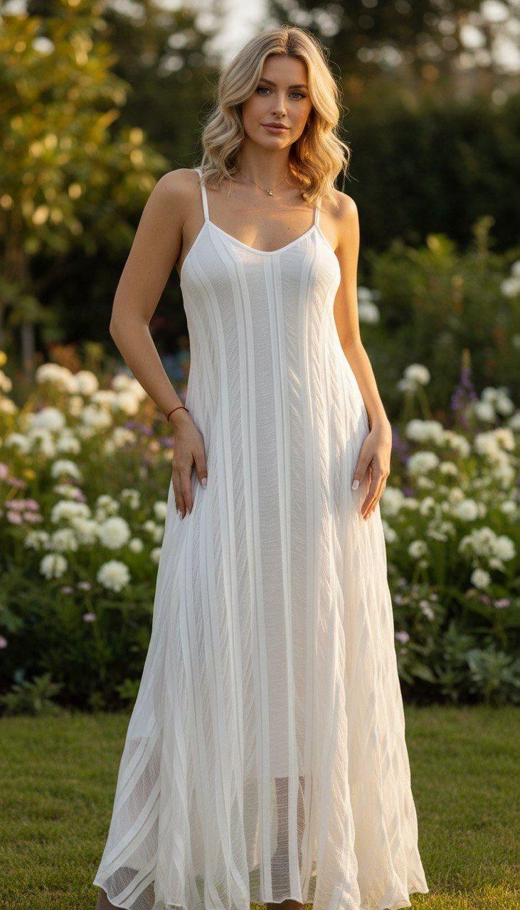 Elegant White Tulle Midi Dress, Romantic Striped Mesh Dress, Spaghetti Strap Summer Dress, Garden Party Outfit.
