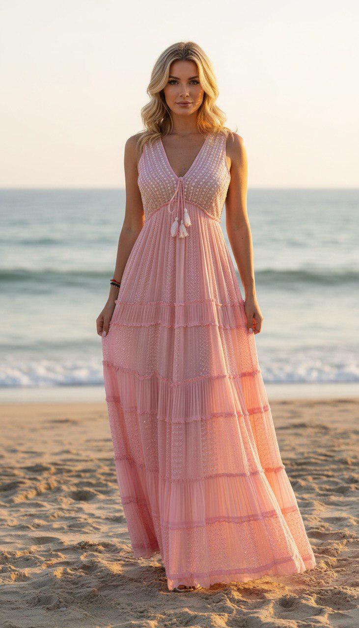 Blush Pink Boho Maxi Dress, Sleeveless Lace Summer Dress, Romantic Beach Dress, Flowy Cottagecore Maxi Dress.