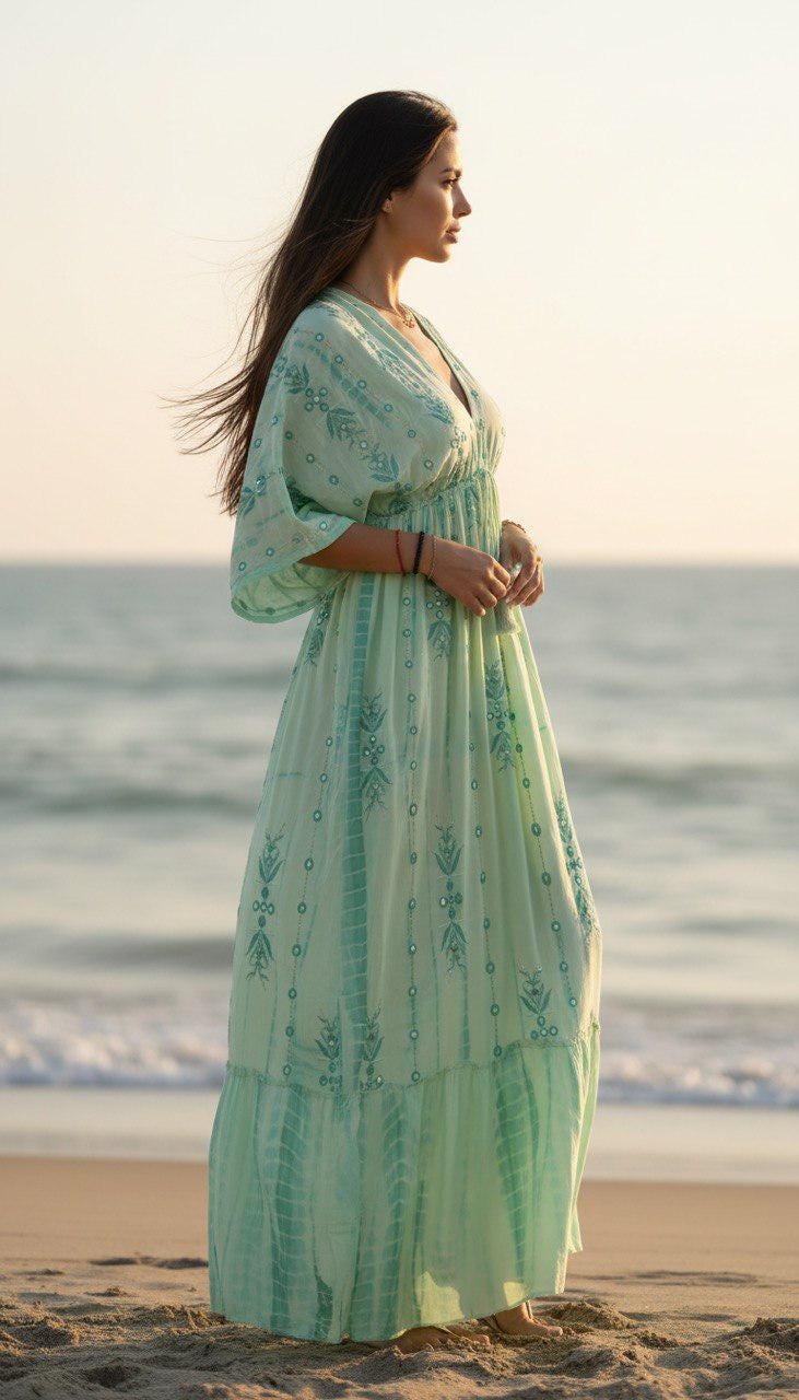 Blue Boho Maxi Dress for Women, Flowy Beach Dress, V Neck Kaftan Maxi Dress, Resort Wear, Summer Vacation Dress, Loose Bohemian Dress.