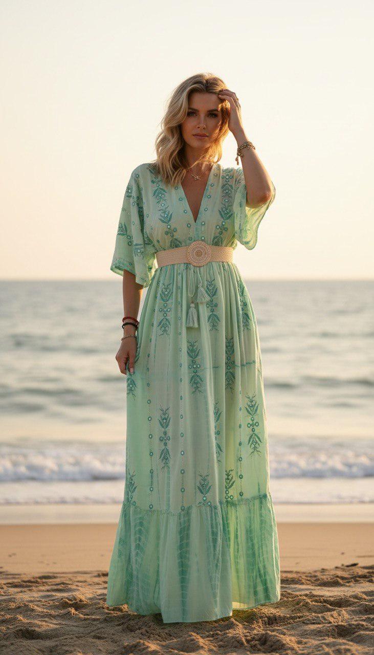 Mint Green Boho Maxi Dress, Embroidered Beach Dress, Flowy Summer Dress, V-neck Resort Wear, Cottagecore Dress.