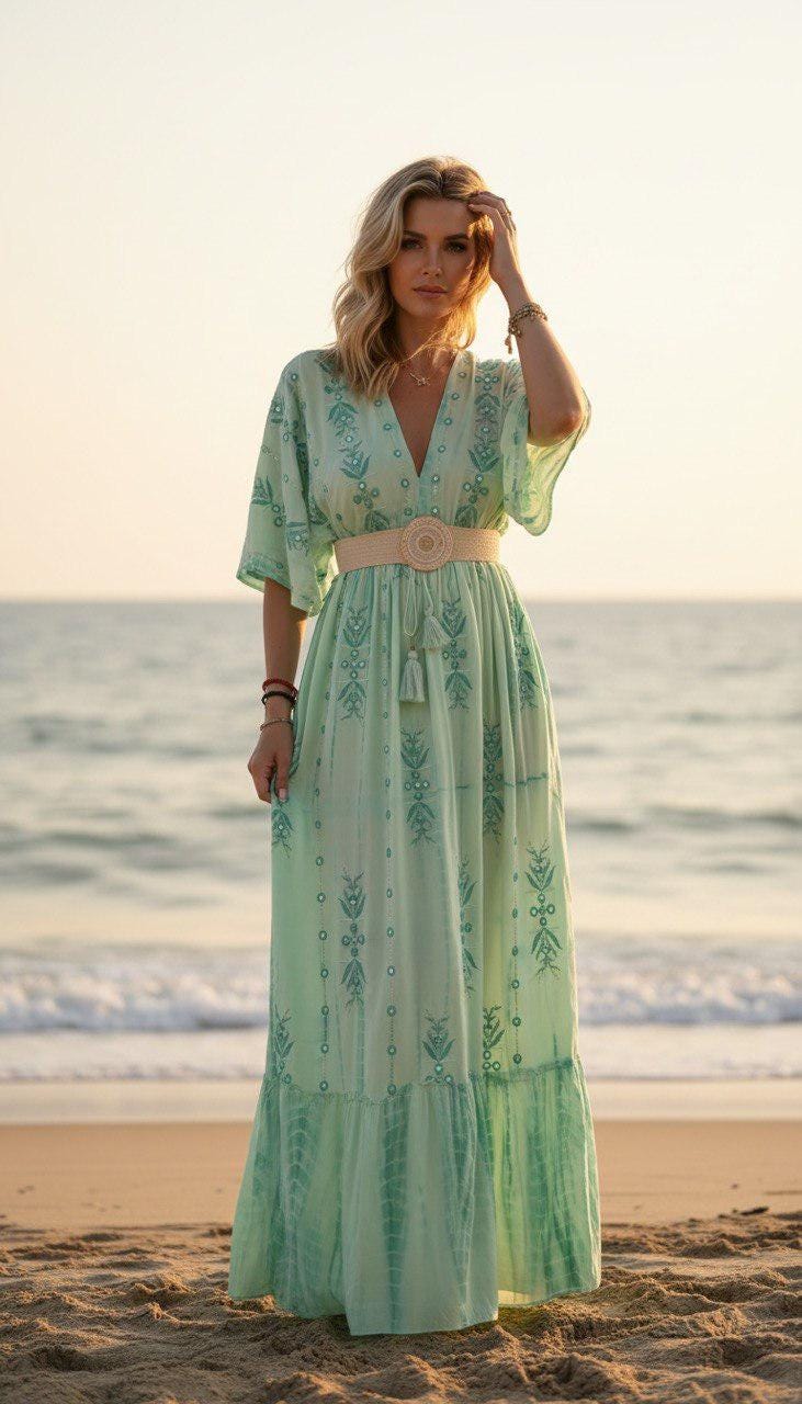 Blue Boho Maxi Dress for Women, Flowy Beach Dress, V Neck Kaftan Maxi Dress, Resort Wear, Summer Vacation Dress, Loose Bohemian Dress.