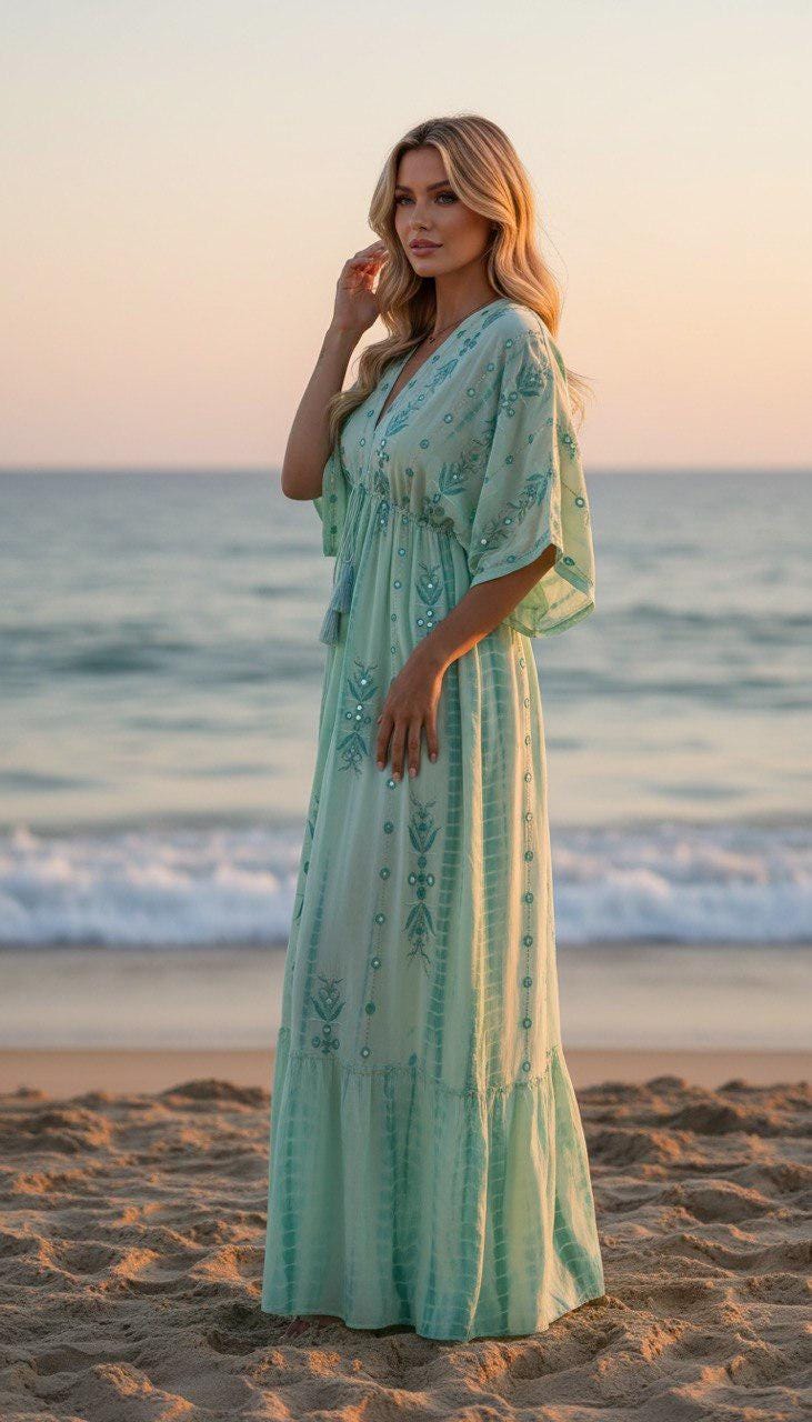Blue Boho Maxi Dress for Women, Flowy Beach Dress, V Neck Kaftan Maxi Dress, Resort Wear, Summer Vacation Dress, Loose Bohemian Dress.